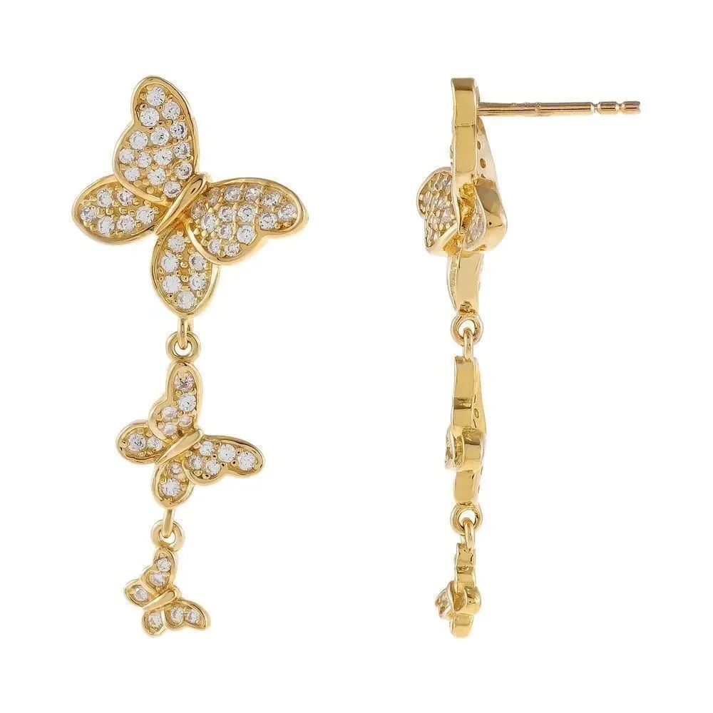 Adinas Jewels Gold Tone Pave Triple Butterfly Drop Stud Earrings New